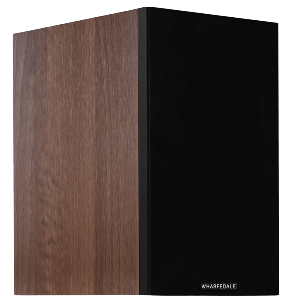 Wharfedale Diamond 12.2i Bookshelf Speakers. Angled view of individual speaker shown in Walnut with grille.