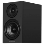 Wharfedale Diamond 12.2i Bookshelf Speakers. Angled view of individual speaker shown in Black without grille.