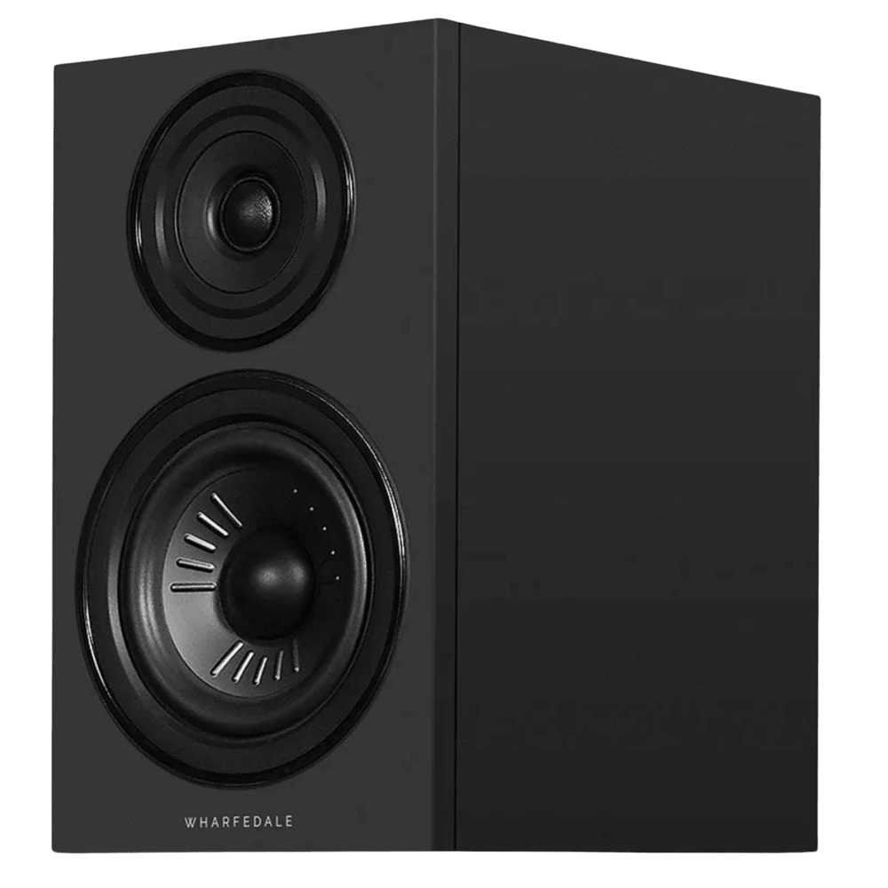 Wharfedale Diamond 12.2i Bookshelf Speakers. Angled view of individual speaker shown in Black without grille.