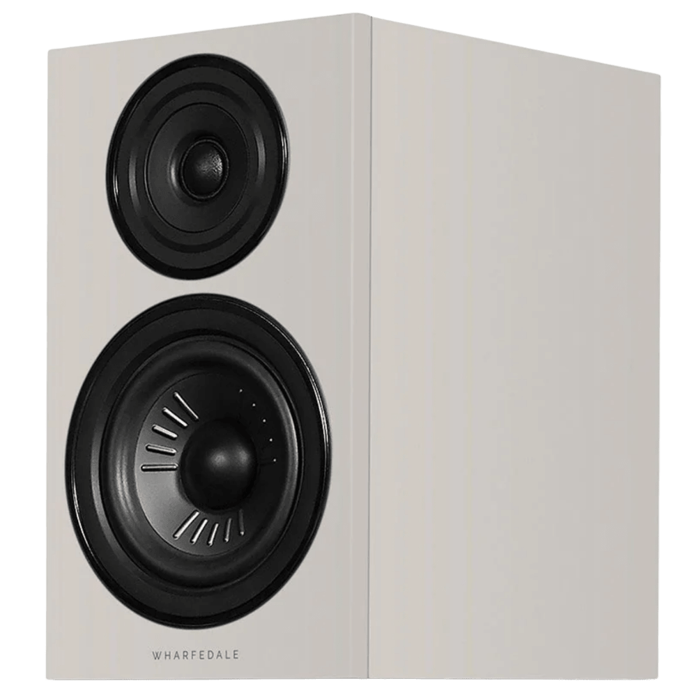 Wharfedale Diamond 12.2i Bookshelf Speakers. Angled view of individual speaker shown in Grey without grille.
