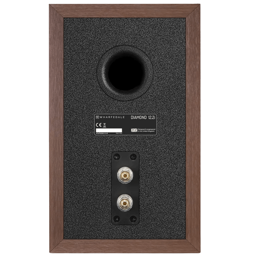 Wharfedale Diamond 12.2i Bookshelf Speakers. back of individual speaker shown in Walnut.
