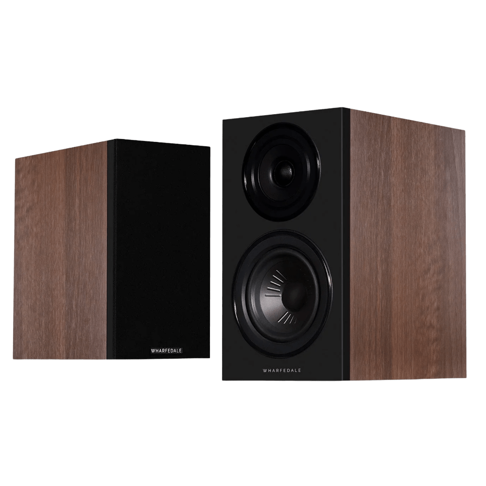 Wharfedale Diamond 12.2i Bookshelf Speaker pair shown in Walnut, with and without grille.