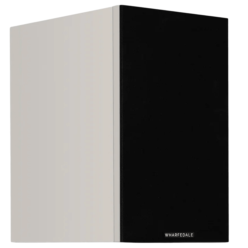 Wharfedale Diamond 12.2i Bookshelf Speakers. Angled view of individual speaker shown in Greywith grille.