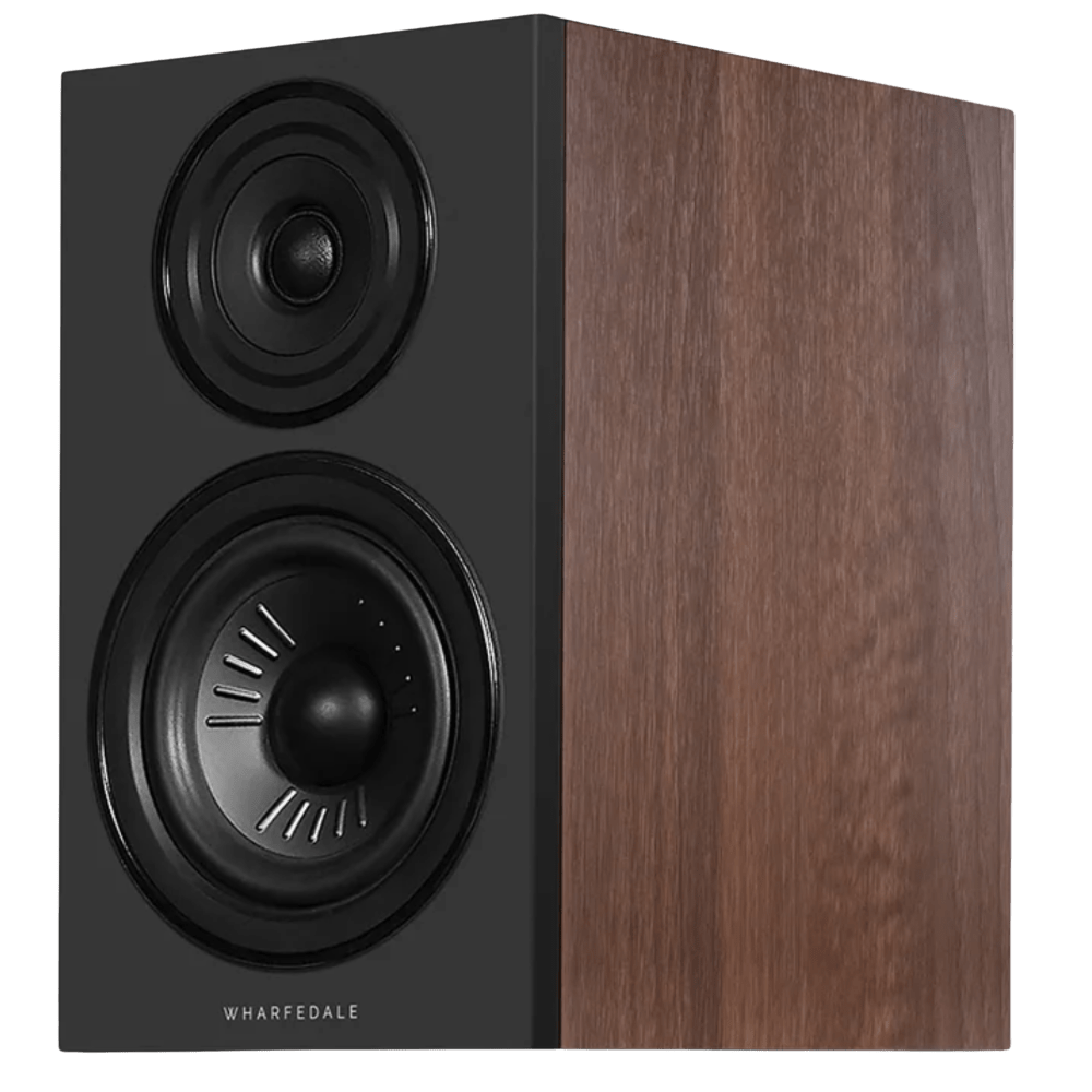 Wharfedale Diamond 12.2i Bookshelf Speakers. Angled view of individual speaker shown in Walnut without grille.