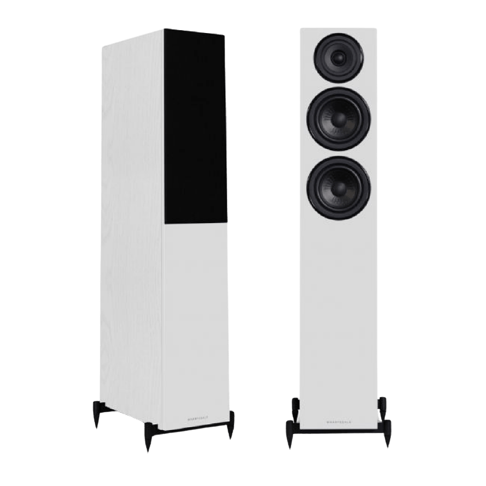 Wharfedale Diamond 12.3 Floorstanding Speakers in White.  Angled image shown with and without Grille