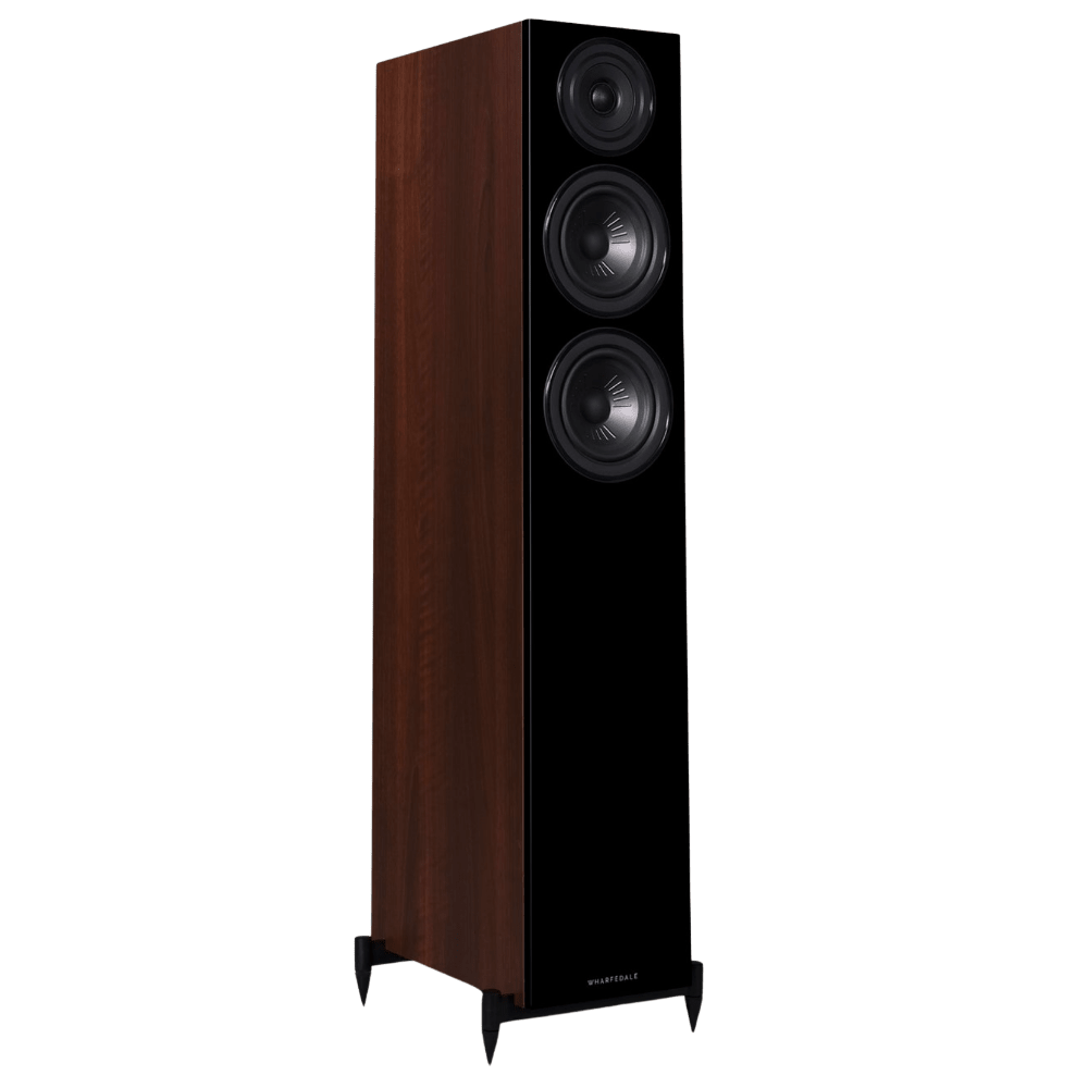 Wharfedale Diamond 12.3 Floorstanding Speakers in Walnut.  Angled view of individual speaker shown without Grille