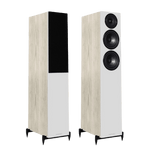 Wharfedale Diamond 12.3 Floorstanding Speakers in Light Oak.  Angled image shown with and without Grille