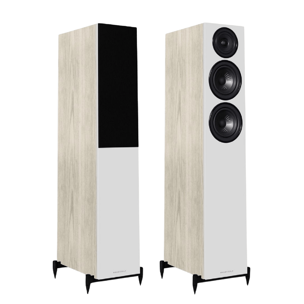 Wharfedale Diamond 12.3 Floorstanding Speakers in Light Oak.  Angled image shown with and without Grille