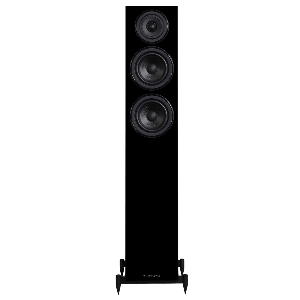 Wharfedale Diamond 12.3 Floorstanding Speakers in Black.  Angled image shown with and without Grille
