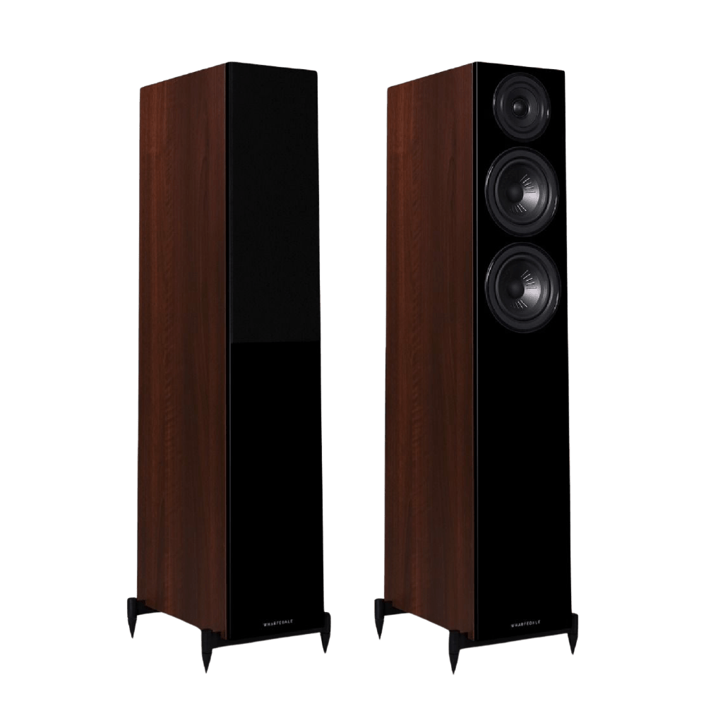 Wharfedale Diamond 12.3 Floorstanding Speakers in Walnut.  Angled image shown with and without Grille