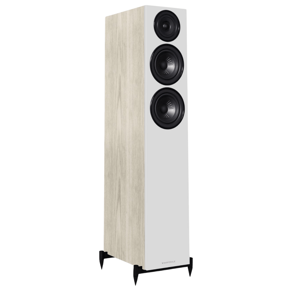 Wharfedale Diamond 12.3 Floorstanding Speakers in Light Oak.  Angled image of individual speaker shown without Grille