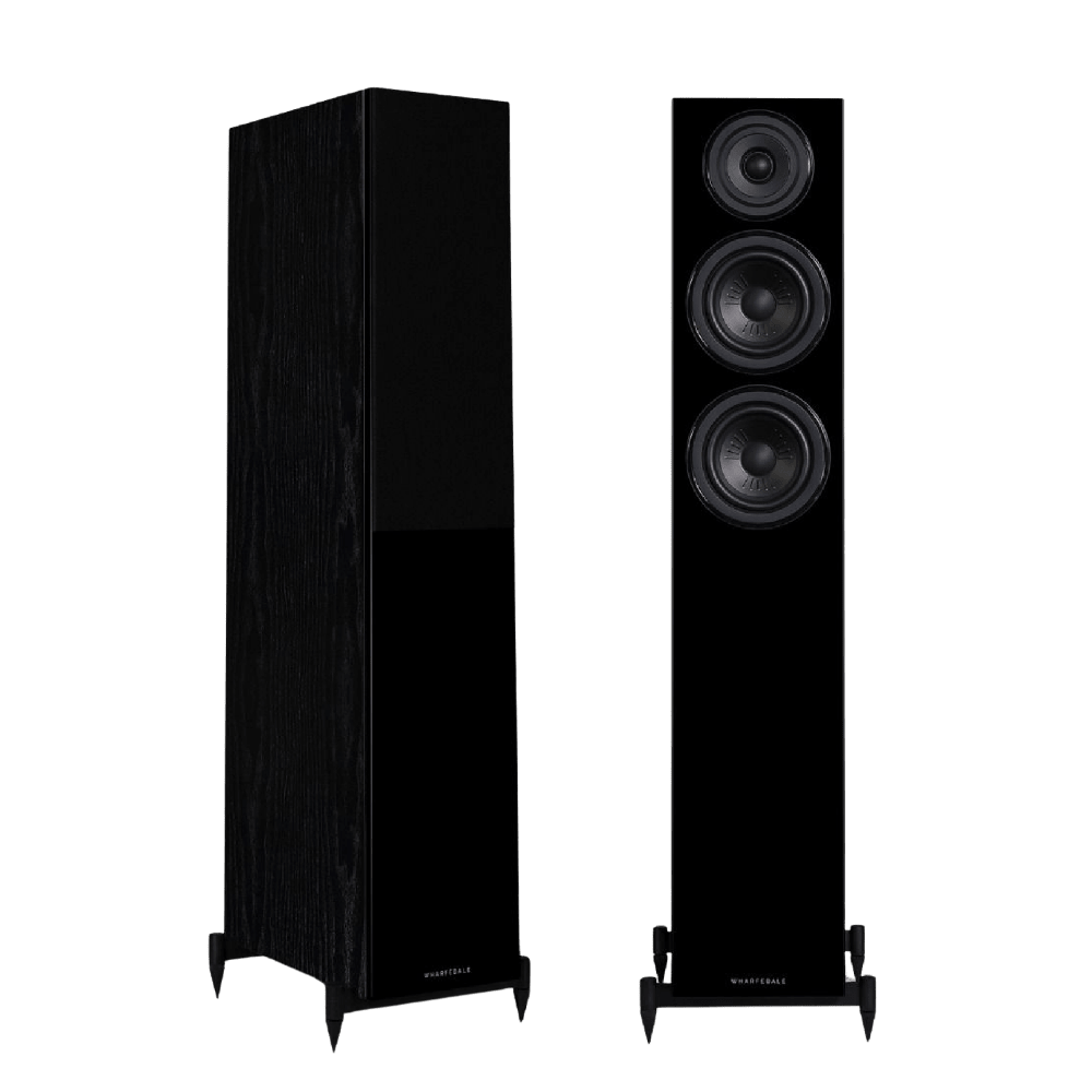 Wharfedale Diamond 12.3 Floorstanding Speakers in Black.  Angled image shown with and without Grille