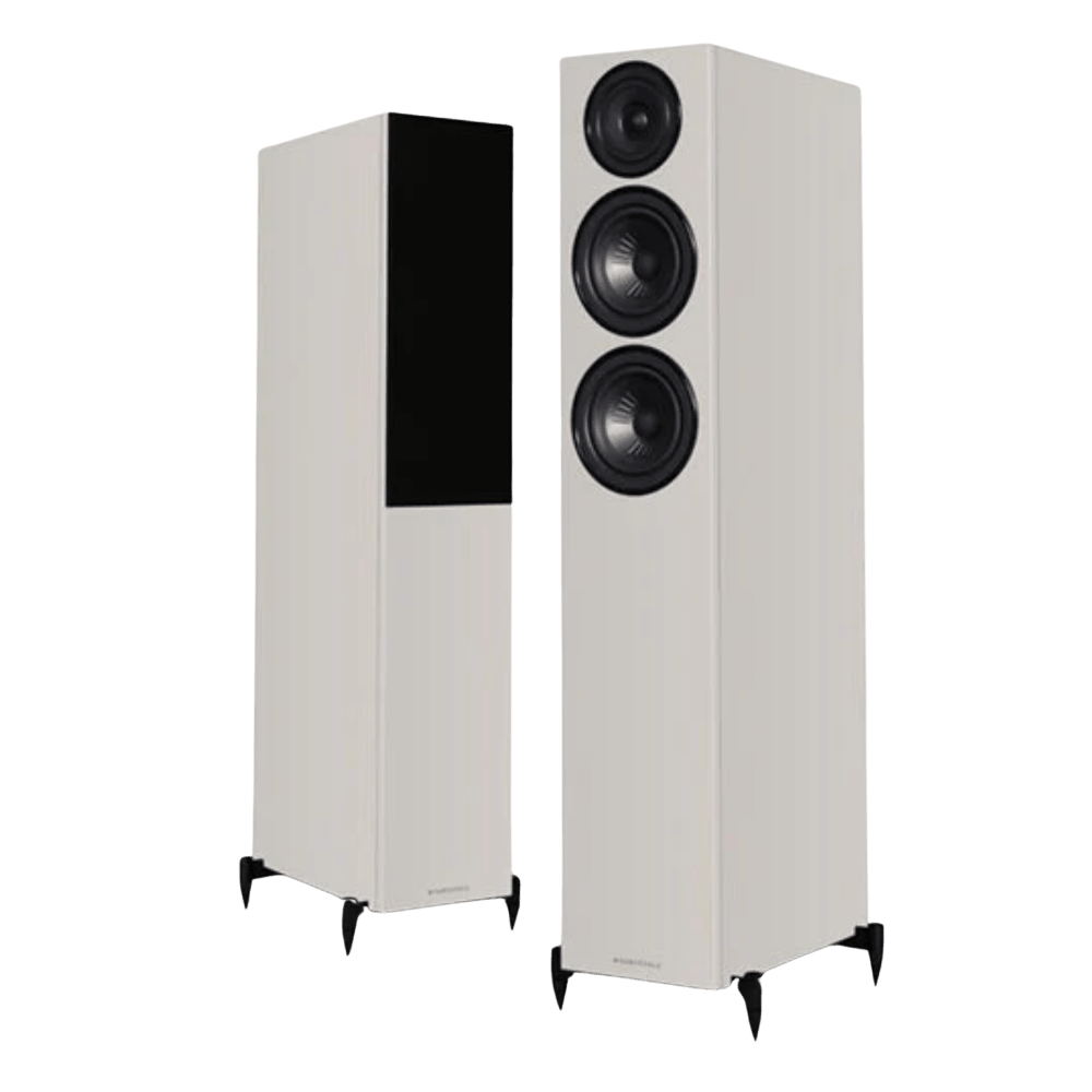 Wharfedale Diamond 12.3i Floorstanding Speaker Pair in Grey.  Shown with and without Grille.