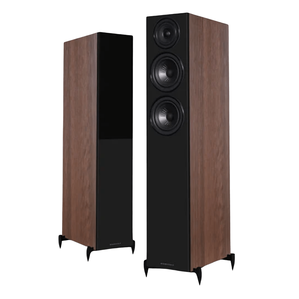Wharfedale Diamond 12.3i Floorstanding Speaker Pair in Black.  Shown with and without Grille.