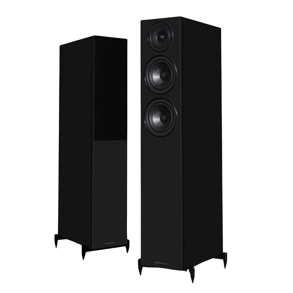 Wharfedale Diamond 12.3i Floorstanding Speaker Pair in Black.  Shown with and without Grille.