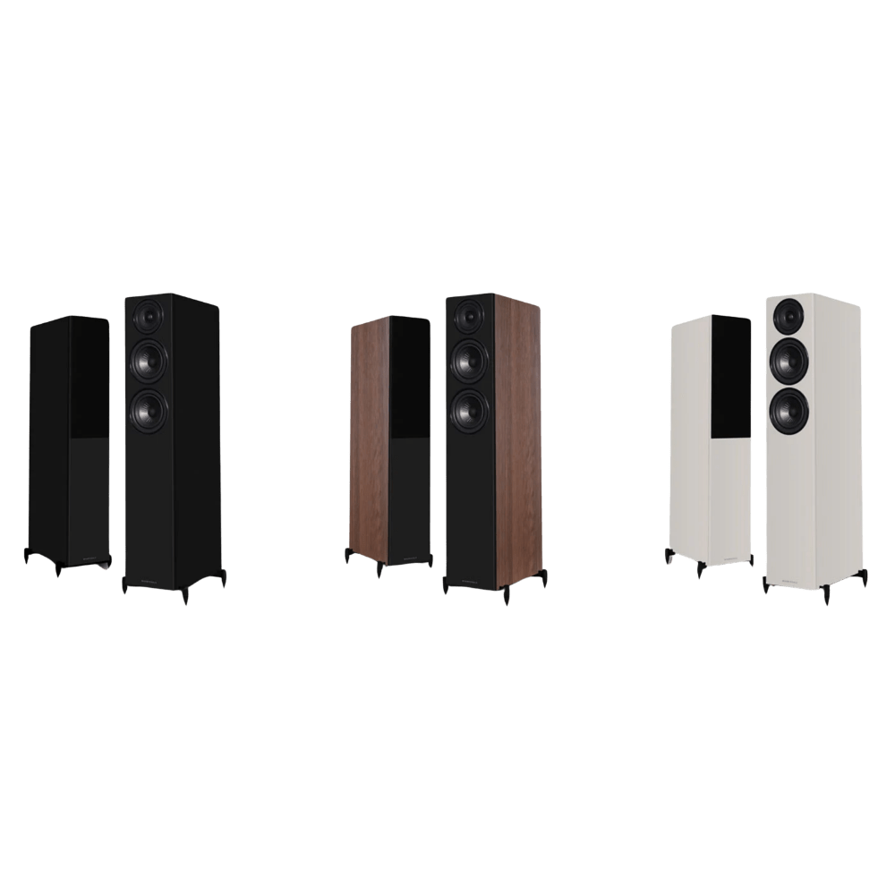 Wharfedale Diamond 12.3i Floorstanding Speaker pairs.  From left to right shown in Black, Walnut and Grey.