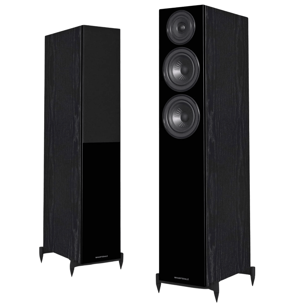 Wharfedale Diamond 12.4 Floorstanding Speakers in Black.  Angled image shown without and with Grille