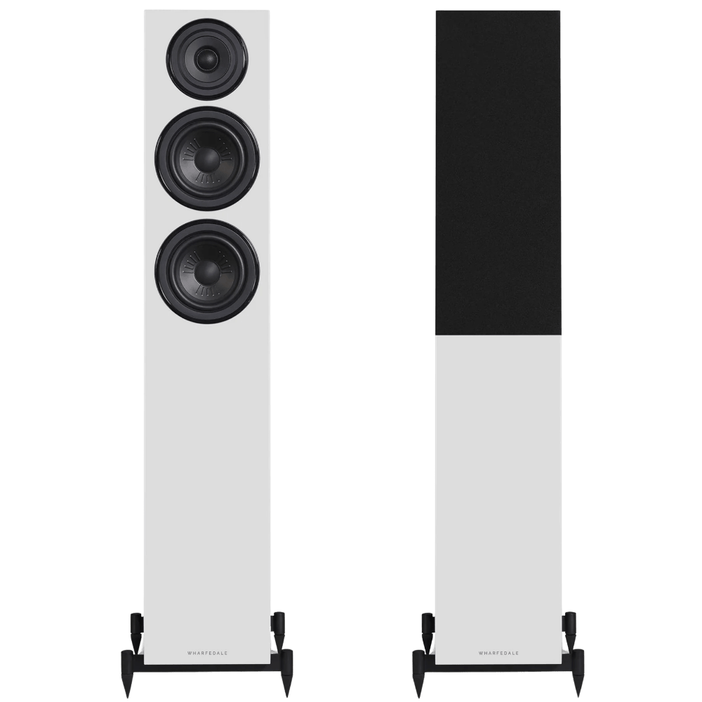 Wharfedale Diamond 12.4 Floorstanding Speakers in White.  Front shown without and with Grille