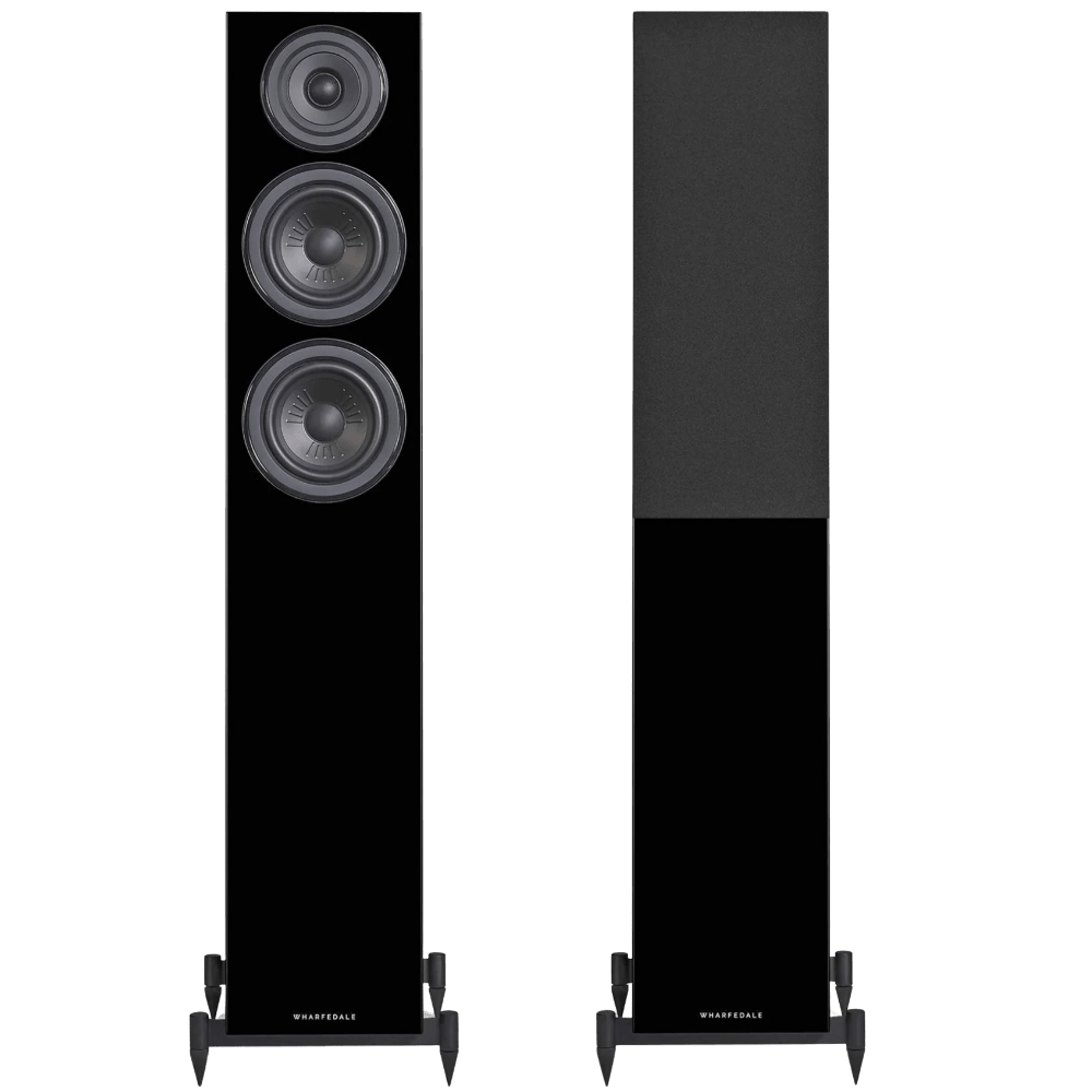 Wharfedale Diamond 12.4 Floorstanding Speakers in Black.  Front shown without and with Grille