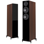 Wharfedale Diamond 12.4 Floorstanding Speakers in Walnut.  Angled image shown without and with Grille