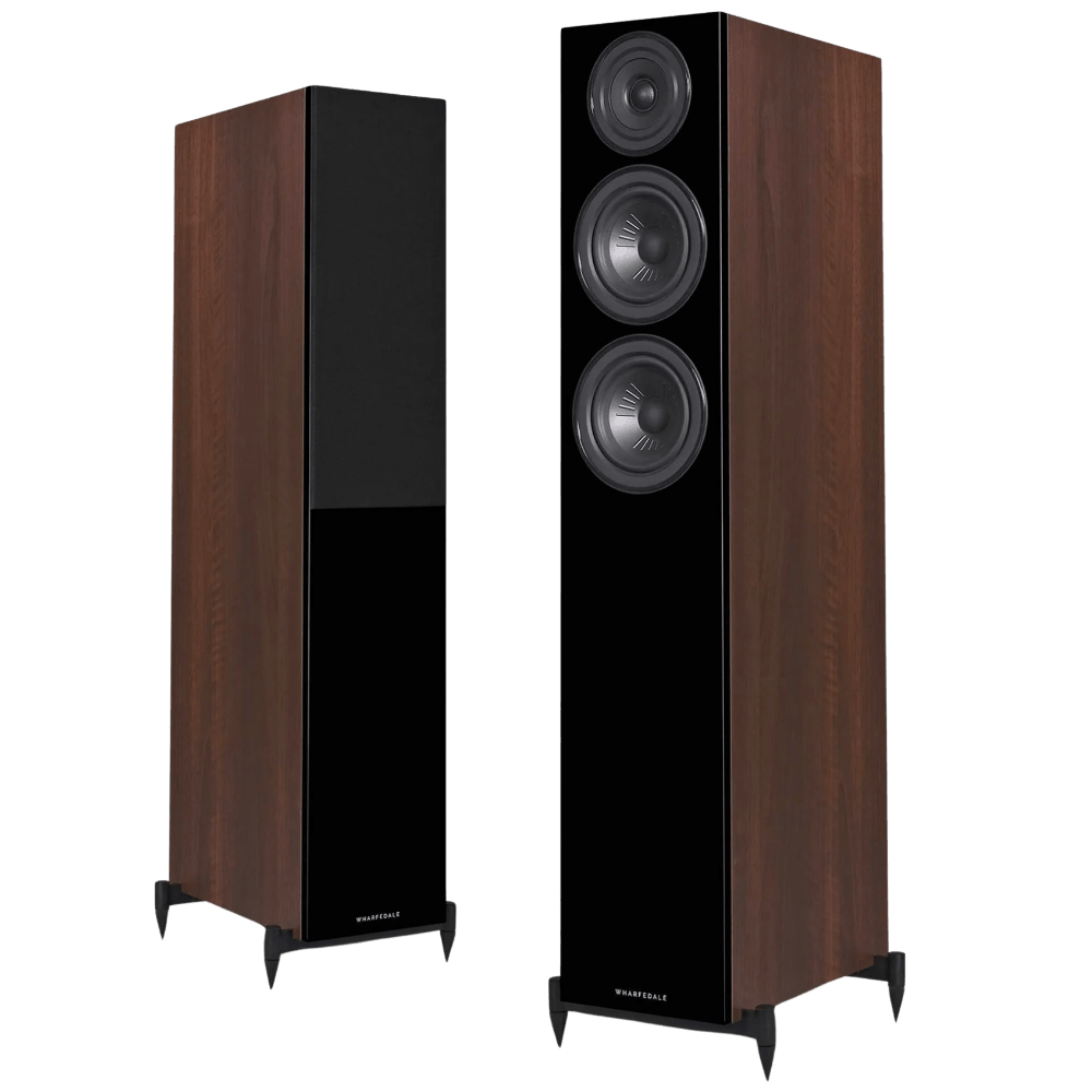 Wharfedale Diamond 12.4 Floorstanding Speakers in Walnut.  Angled image shown without and with Grille