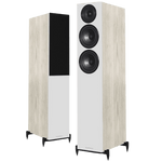 Wharfedale Diamond 12.4 Floorstanding Speakers in Light Oak.  Angled image shown without and with Grille