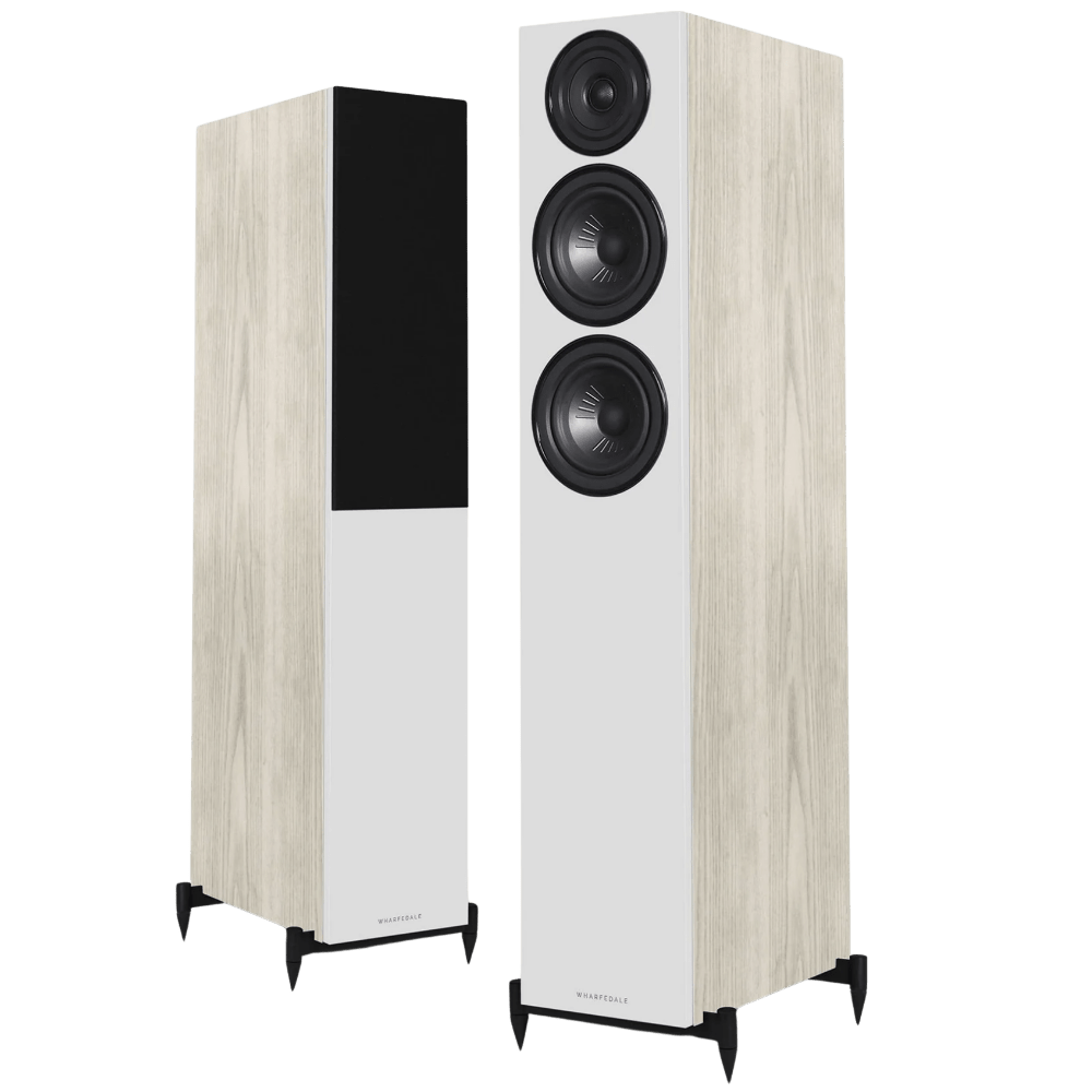 Wharfedale Diamond 12.4 Floorstanding Speakers in Light Oak.  Angled image shown without and with Grille