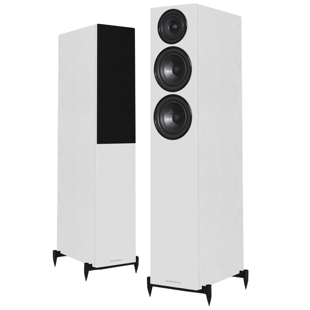 Wharfedale Diamond 12.4 Floorstanding Speakers in White.  Angled image shown without and with Grille