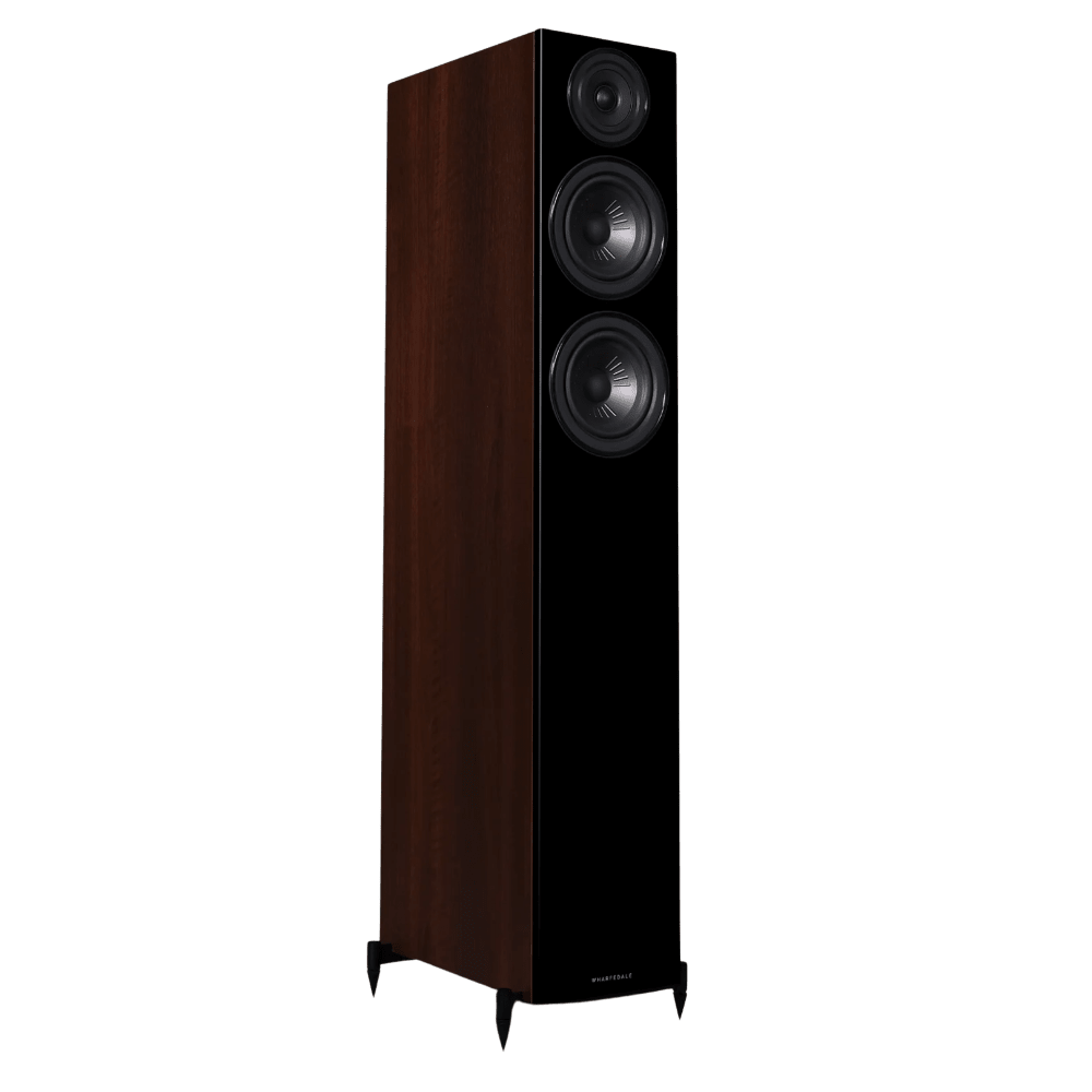 Wharfedale Diamond 12.4 Floorstanding Speakers in Walnut.  Angled image of individual speaker shown without Grille