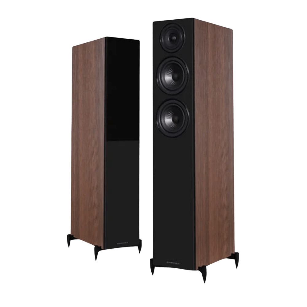Wharfedale Diamond 12.4i Floorstanding Speaker Pair in Walnut.  Shown with and without Grille.