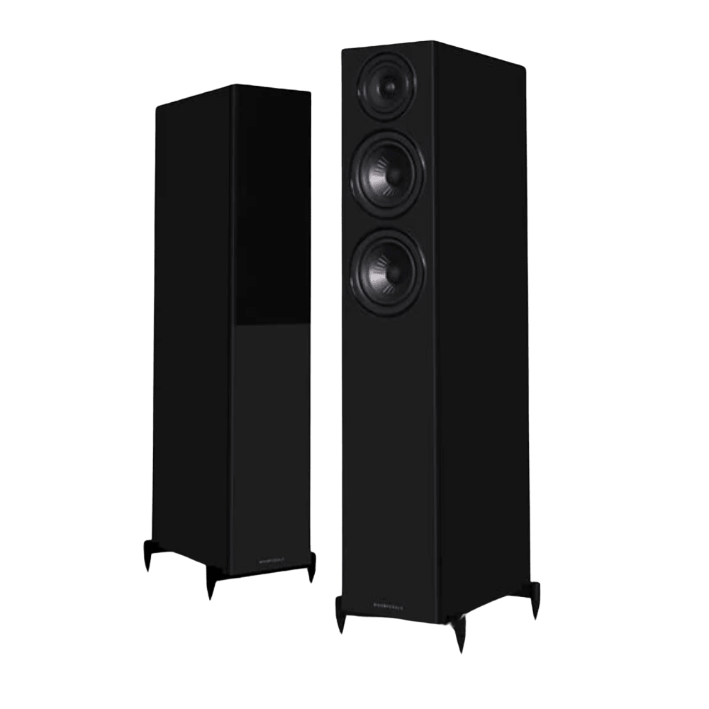 Wharfedale Diamond 12.4i Floorstanding Speaker Pair in Black.  Shown with and without Grille.