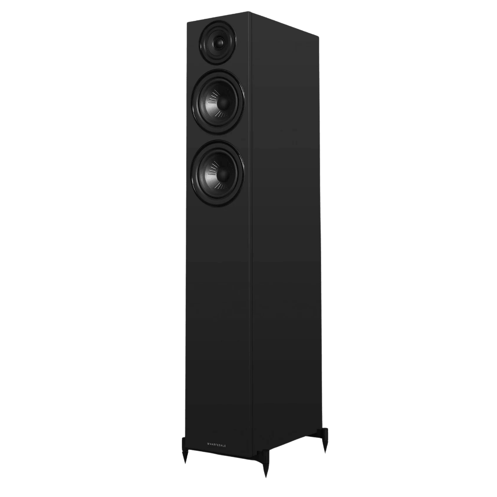 Wharfedale Diamond 12.4i Floorstanding indvidual speaker in Black, angled and shown without Grille.