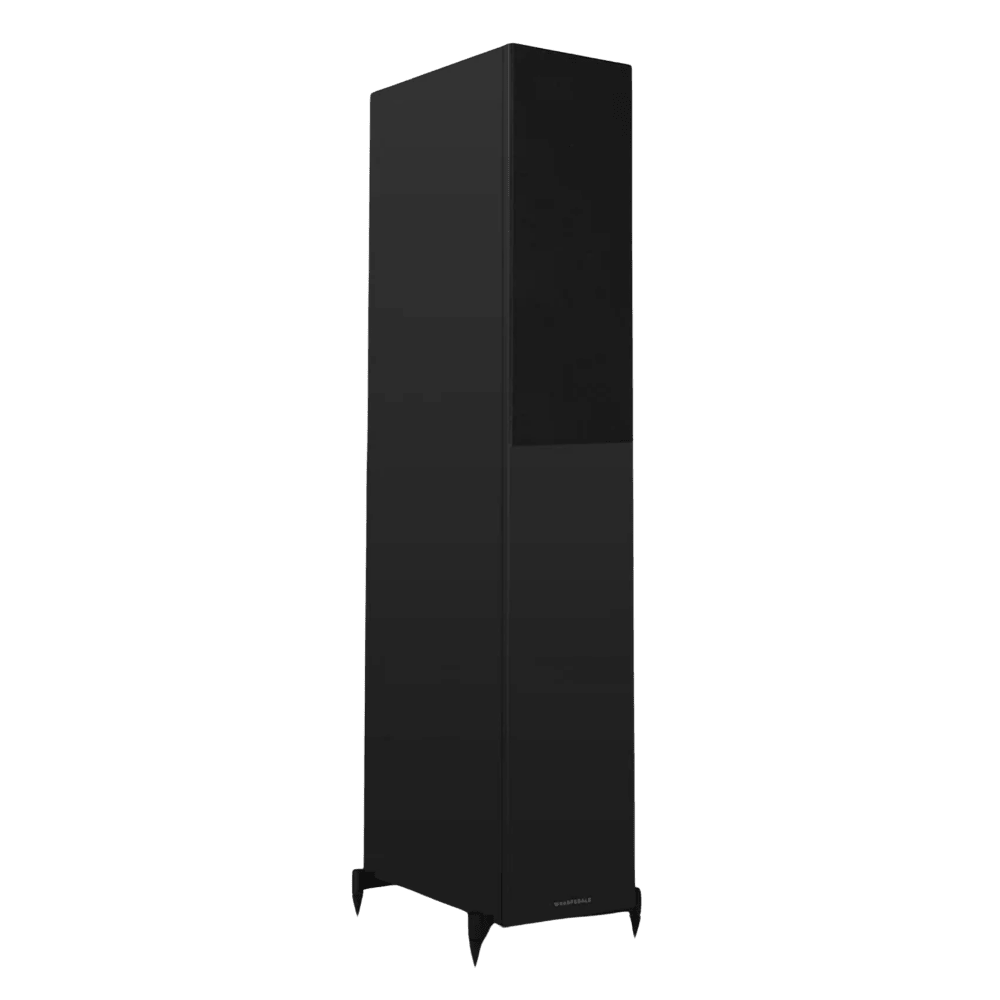 Wharfedale Diamond 12.4i Floorstanding indvidual speaker in Black, angled and shown with Grille.