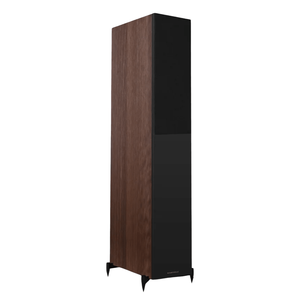 Wharfedale Diamond 12.4i Floorstanding indvidual speaker in Walnut, angled and shown with Grille.