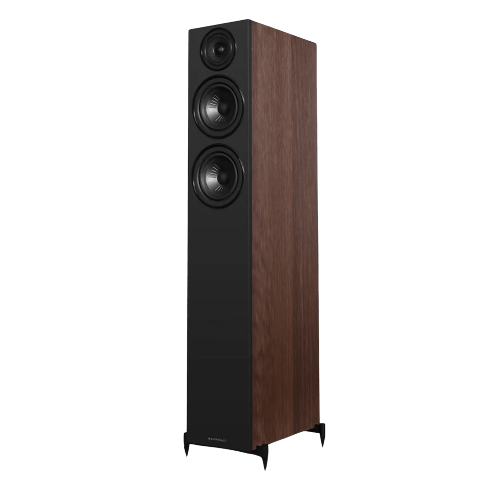 Wharfedale Diamond 12.4i Floorstanding indvidual speaker in Walnut, angled and shown without Grille.