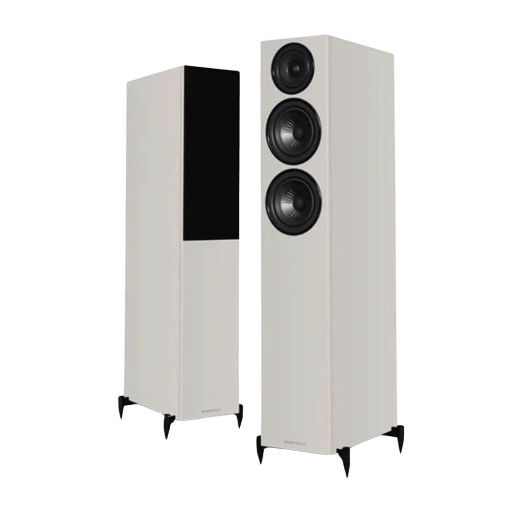 Wharfedale Diamond 12.4i Floorstanding Speaker Pair in Grey.  Shown with and without Grille.