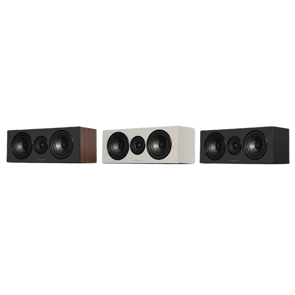 Wharfedale Diamond 12.Ci Centre Speaker range of finishes.  From left to right - Walnt, grey and black.