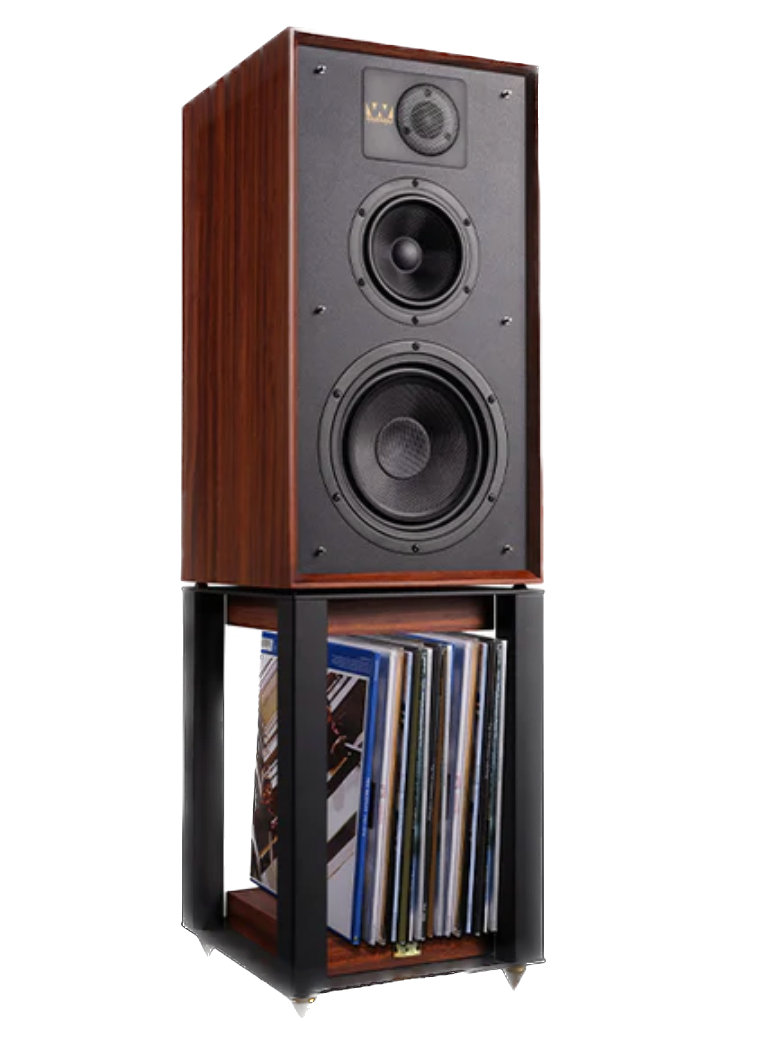 Wharfedale Linton 85th Anniversary Speaker, angled on a stand with vinyl and  in walnut