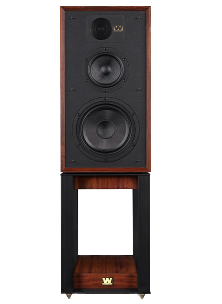 Wharfedale Linton 85th Anniversary Speaker, front and on a stand, in walnut