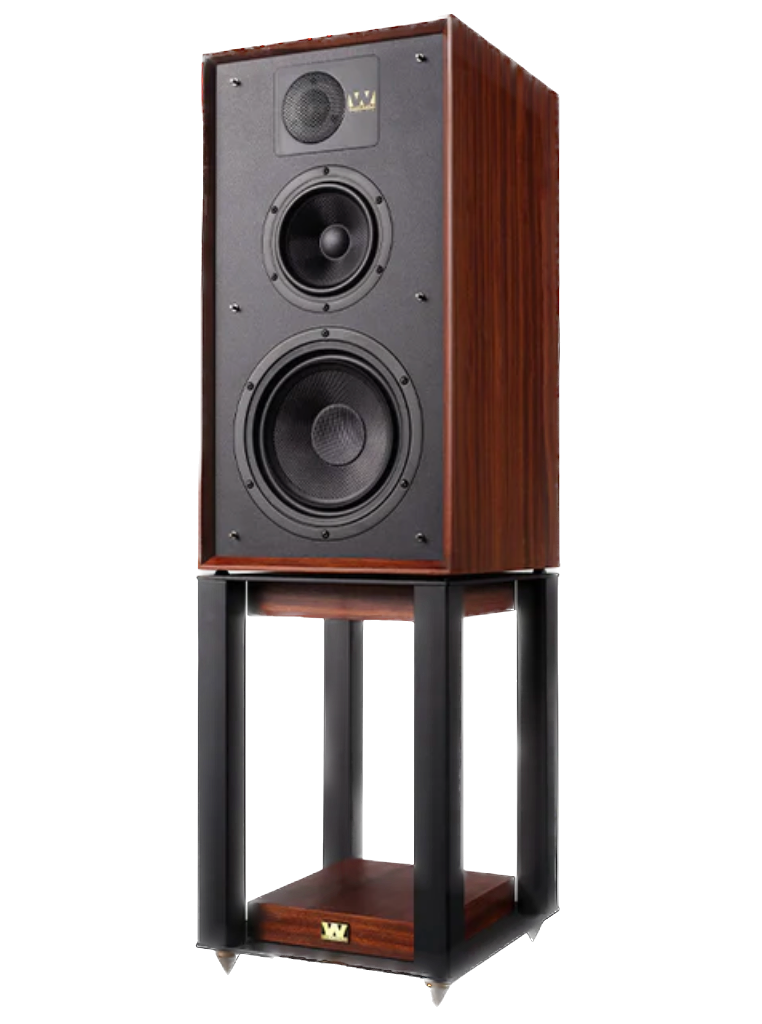 Wharfedale Linton 85th Anniversary Speaker, angled and on a stand, in walnut