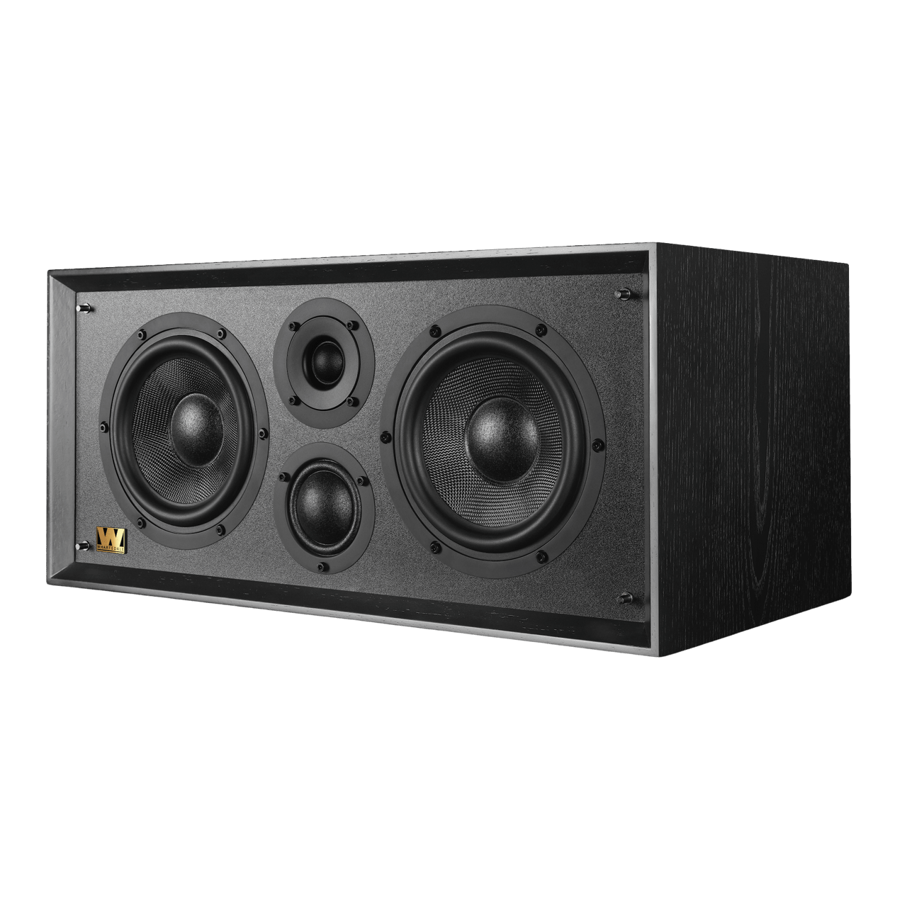 Wharfedale Heritage Centre Speaker in Black Oak.  Angled view of speaker without grille