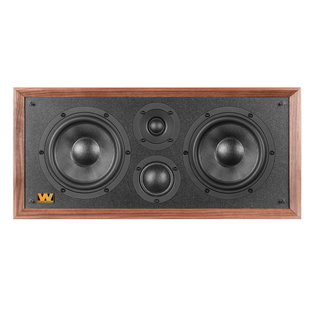 Wharfedale Heritage Centre Speaker in Walnut.  Front view of speaker without grille