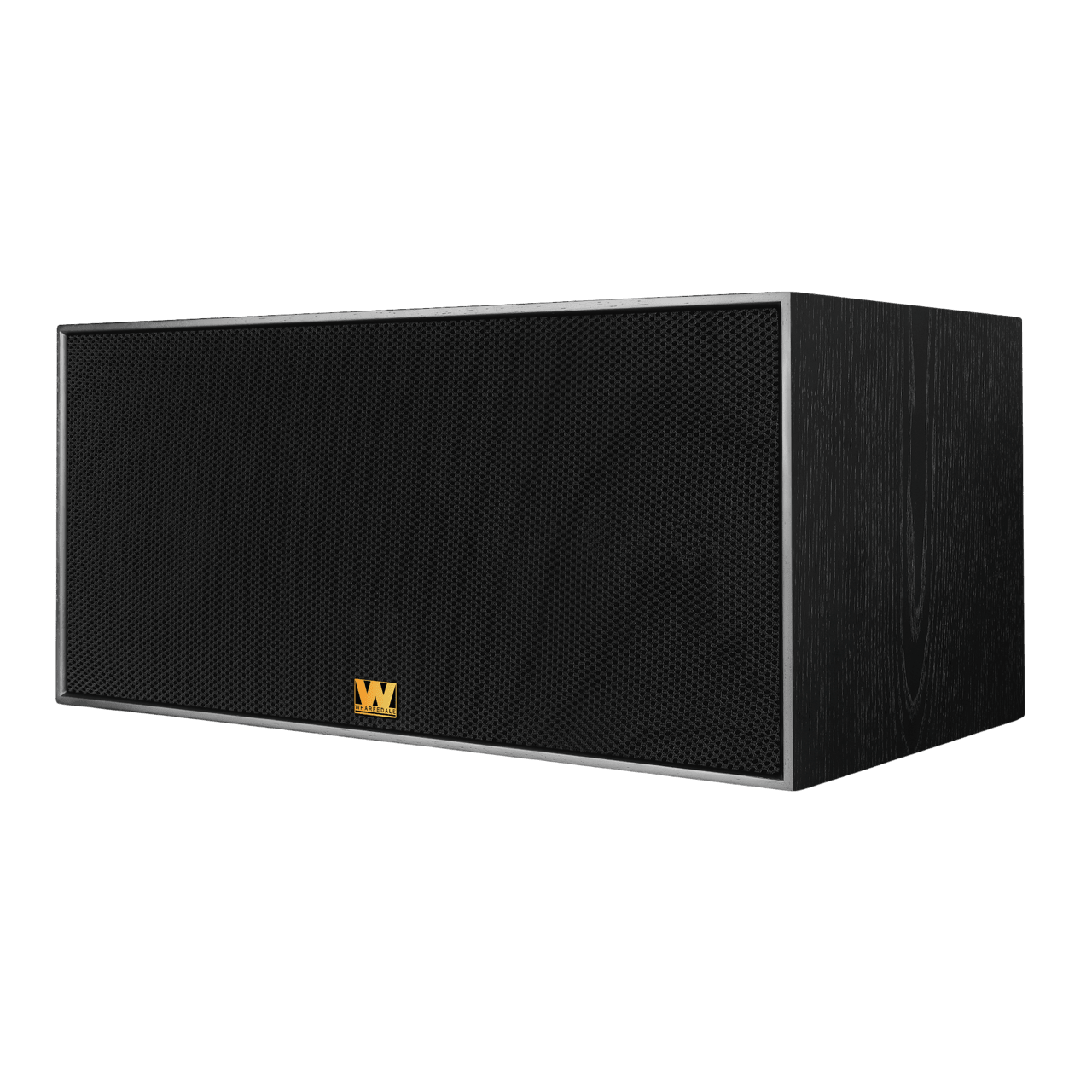 Wharfedale Heritage Centre Speaker in Black Oak.  Angled view of speaker with grille