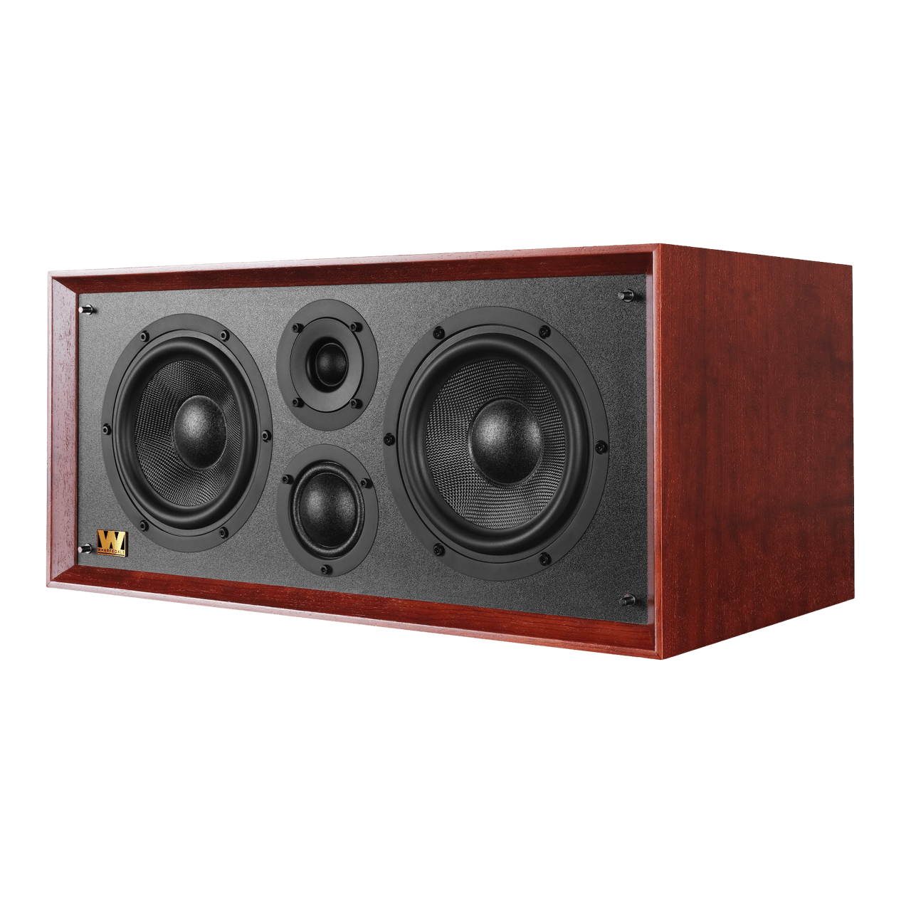 Wharfedale Heritage Centre Speaker in Mahogany.  Angled view of speaker without grille