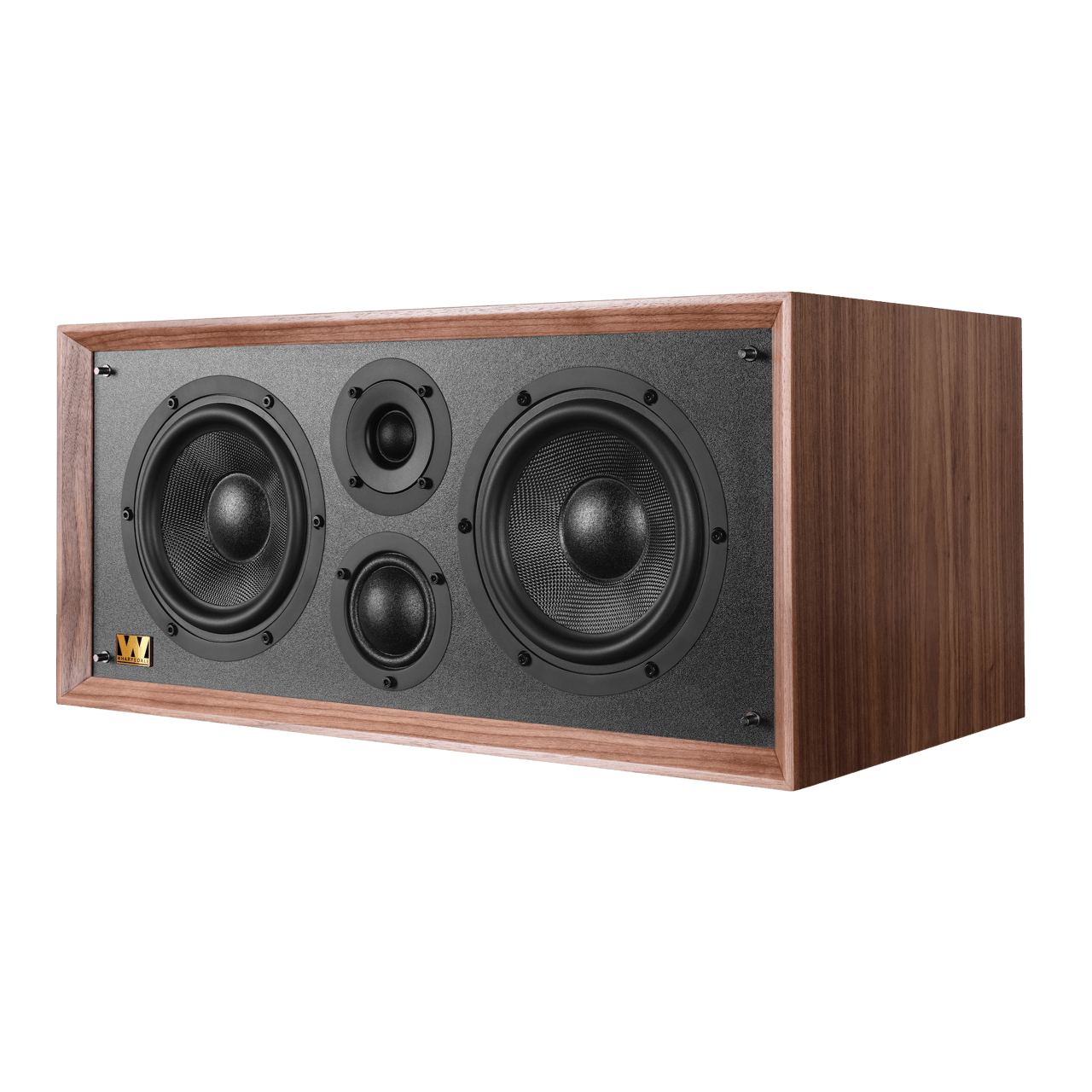 Wharfedale Heritage Centre Speaker in Walnut.  Angled view of speaker without grille