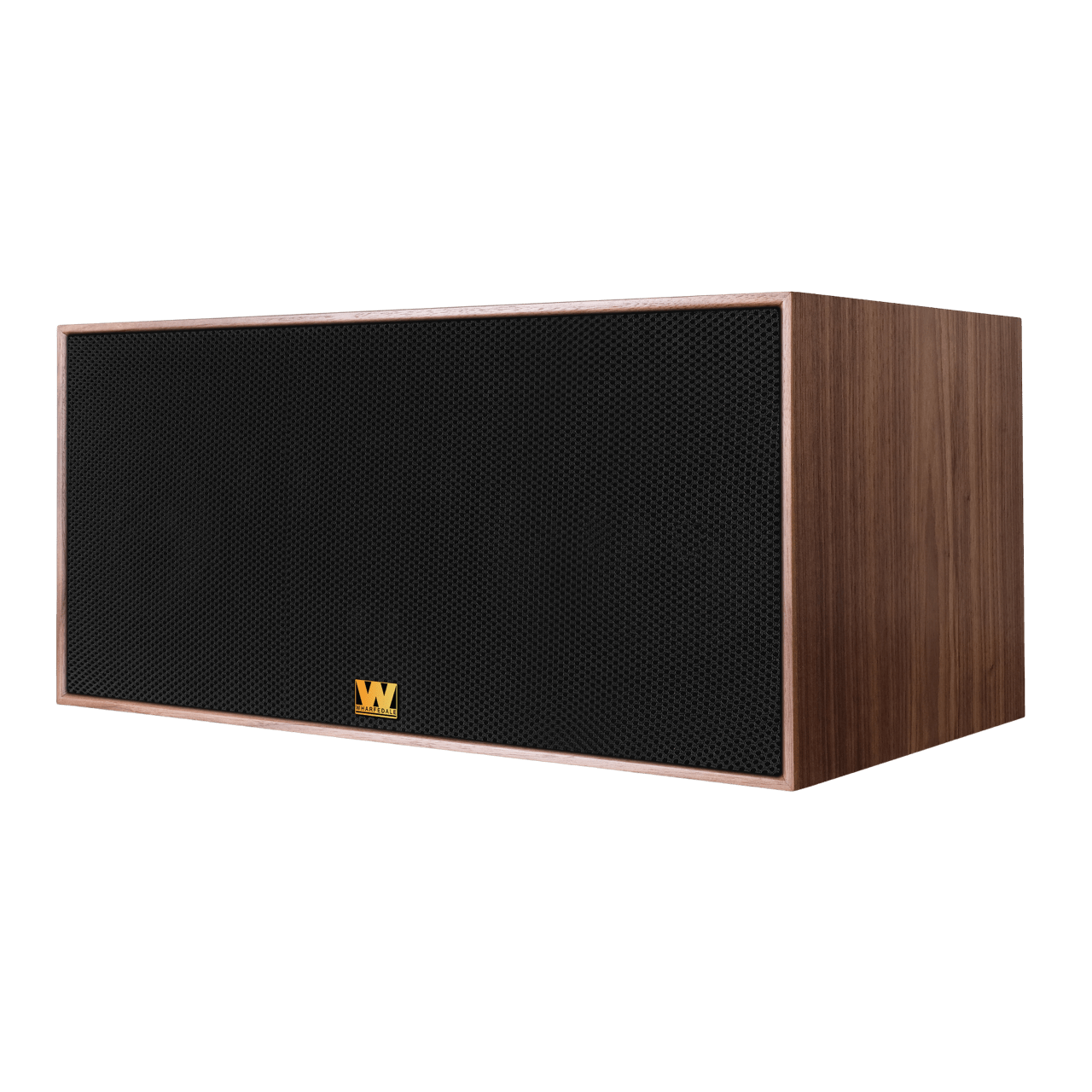 Wharfedale Heritage Centre Speaker in Walnut.  Angled view of speaker with grille