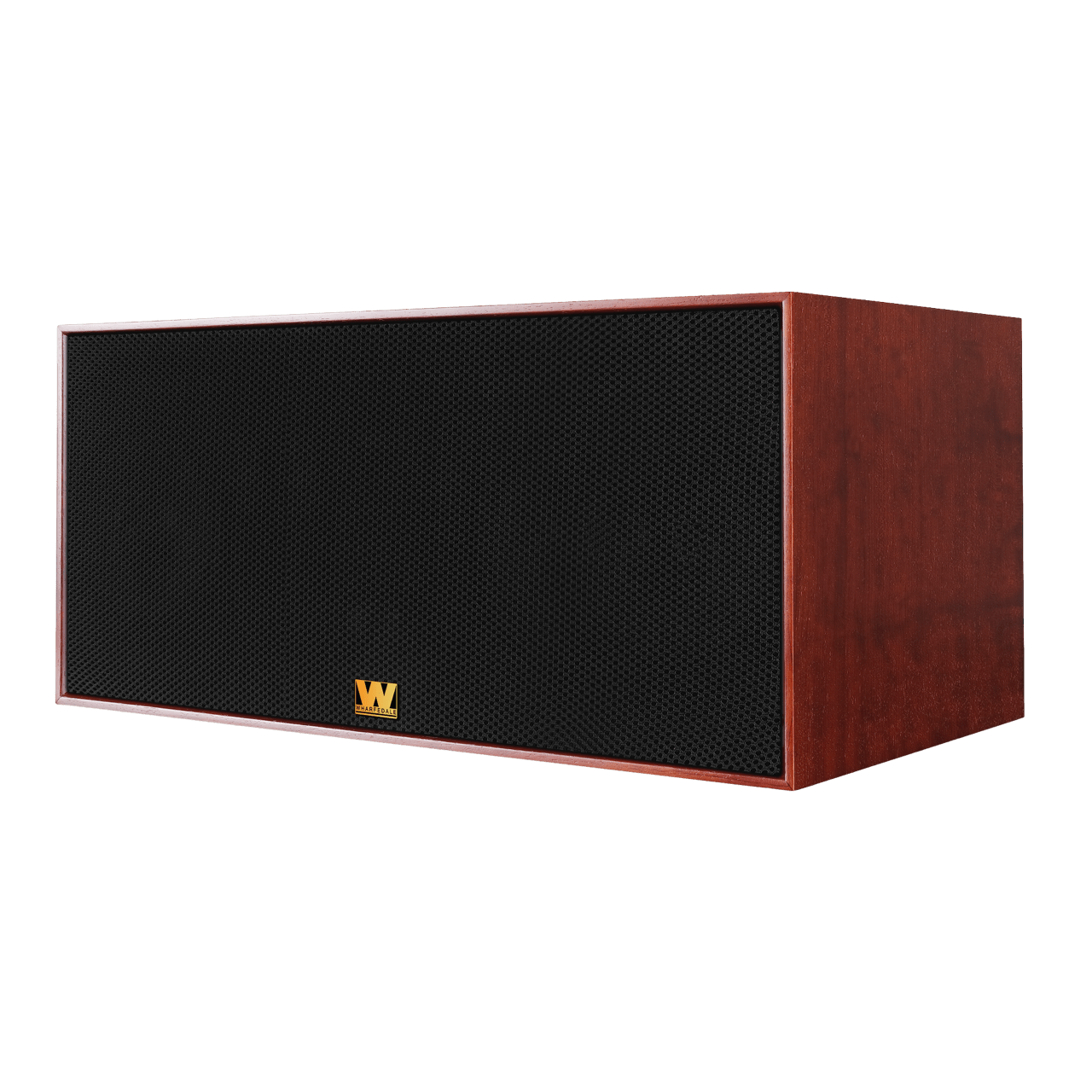 Wharfedale Heritage Centre Speaker in Mahogany.  Angled view of speaker with grille