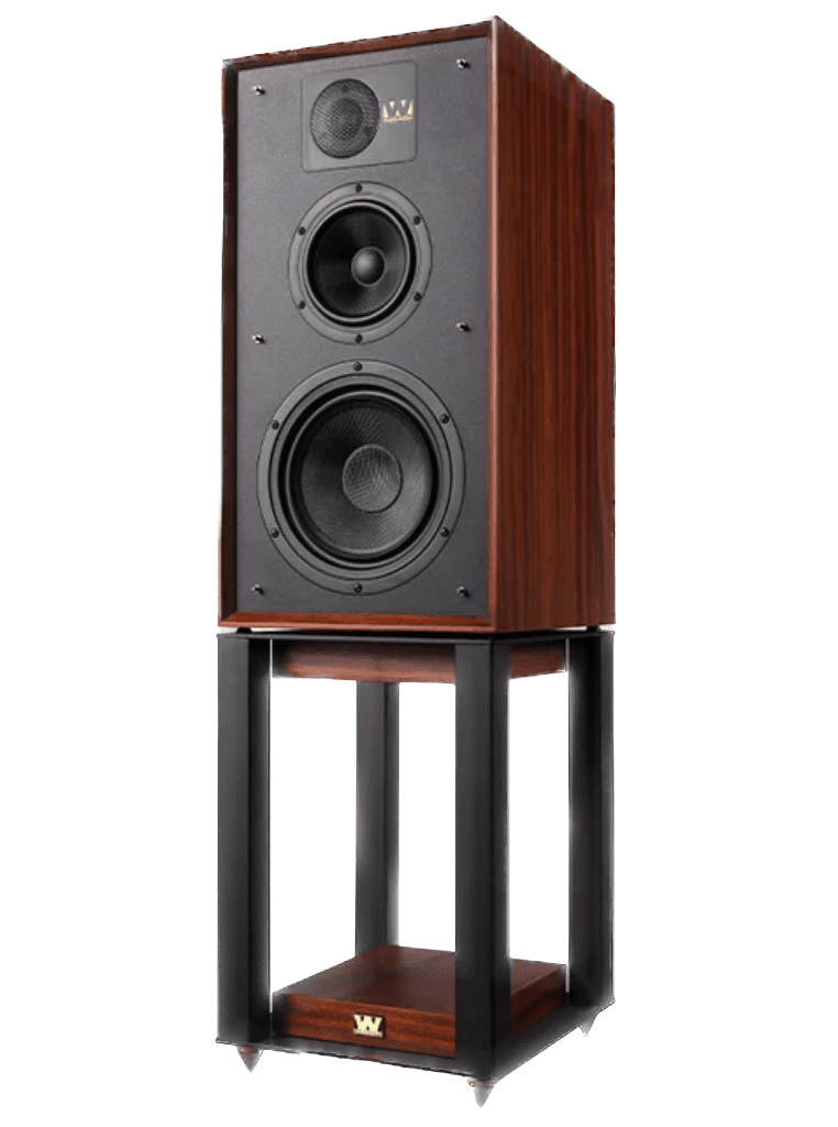 Wharfedale Linton 85th Anniversary Speaker, angled and on a stand, in walnut