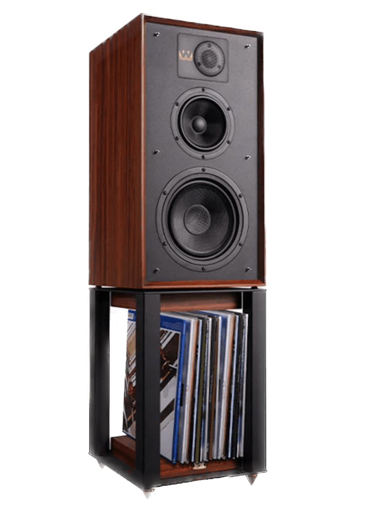 Wharfedale Linton 85th Anniversary Speaker, angled on a stand with vinyl and  in walnut