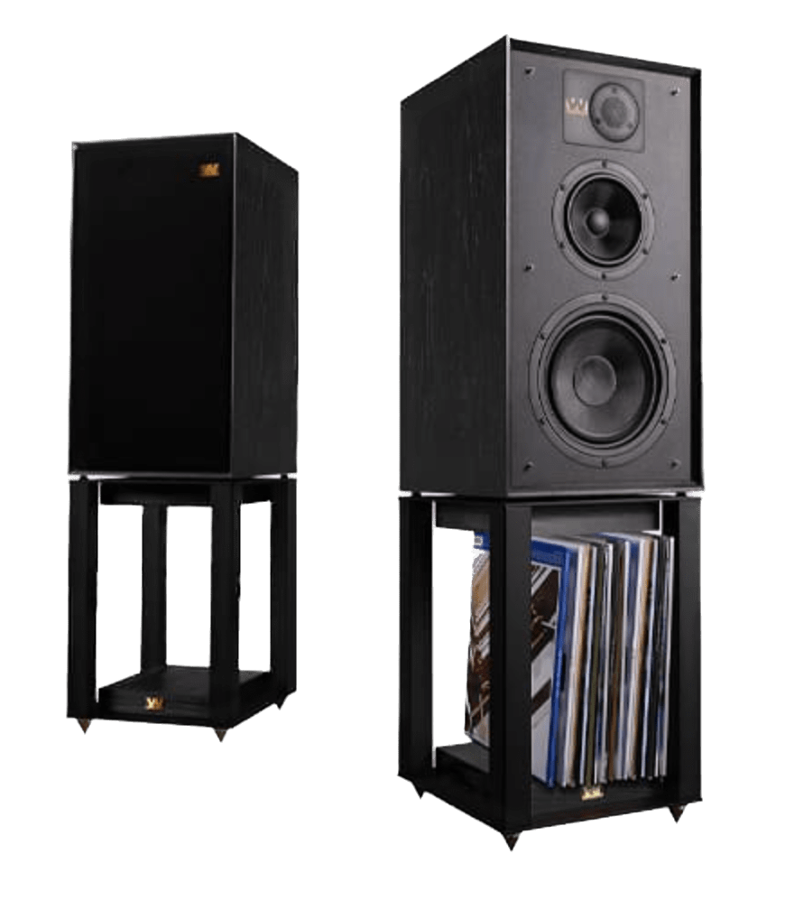 Wharfedale Linton 85th Anniversary Speaker pair in black, on stands